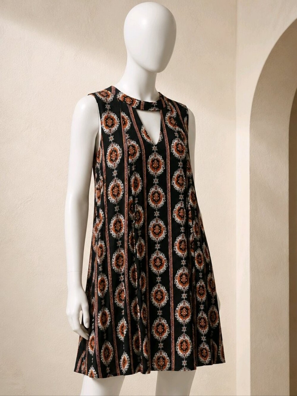 Sleeveless Black Floral Medallion Shift Dress